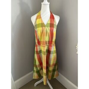 Lizgolf Claiborne Halter Dress size 16 Orange Green Plaid Midi Flowy Fit Flare